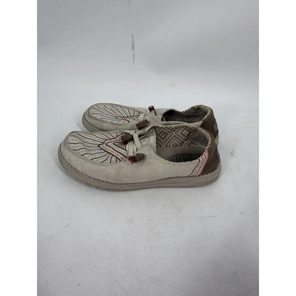 Hey Dude Wendy Western Palomino Canvas Loafers Embroidered Shoes Sz 9 Slip On